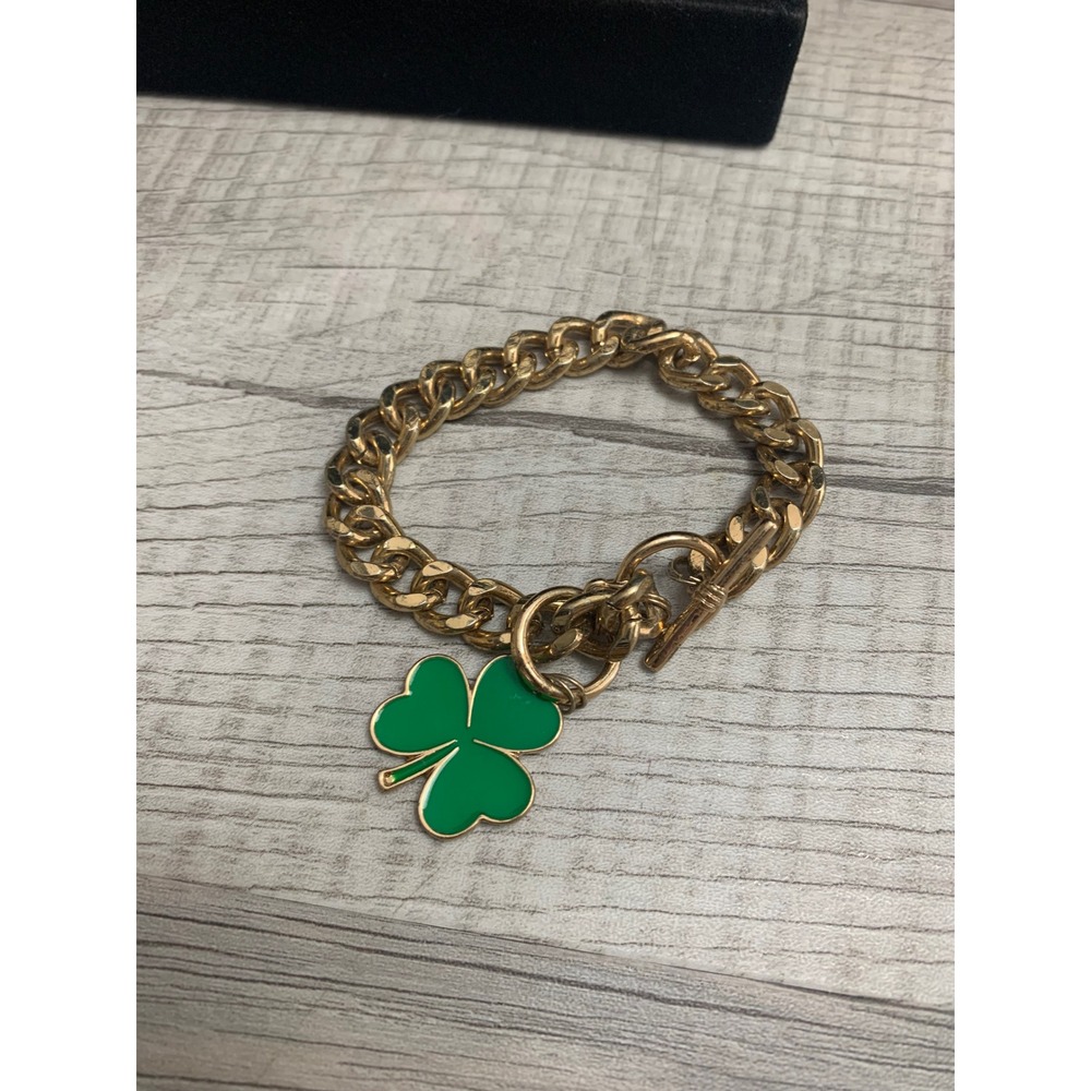 Gold Tone Curb Chain Green Enamel Shamrock Clover Charm Toggle Bracelet 7 Inch